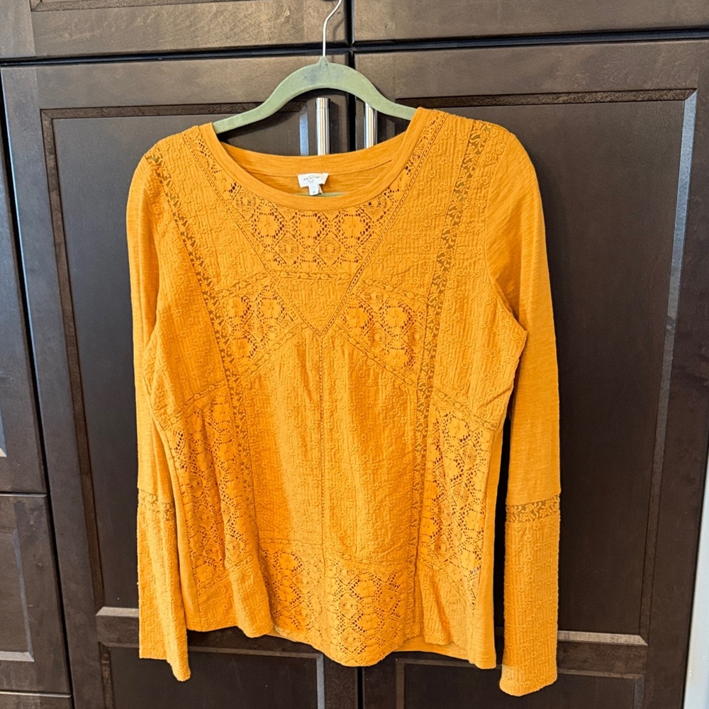 Anthropologie Mustard Long Sleeve Lace Top